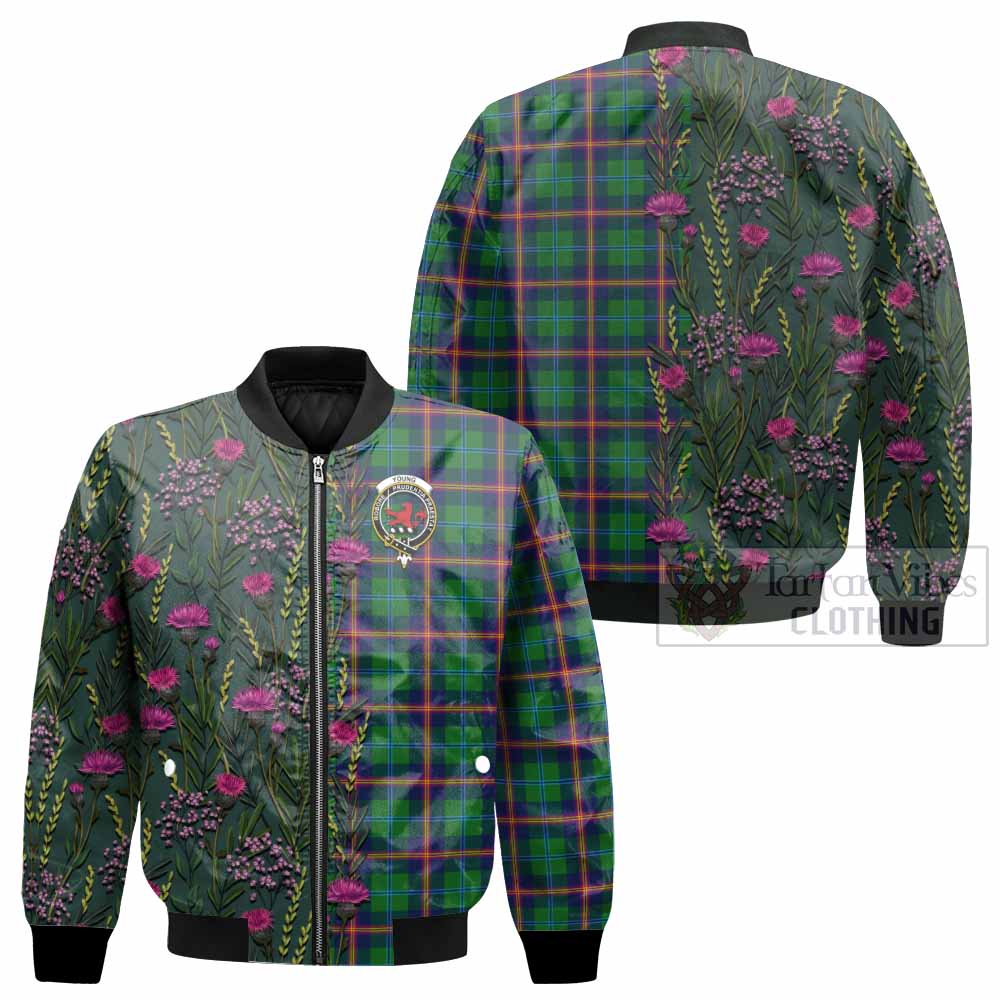 Young Family Crest Tartan Bomber Jacket Scottish Thistle Flower Pattern Half Style - Tartan Vibes Clothing