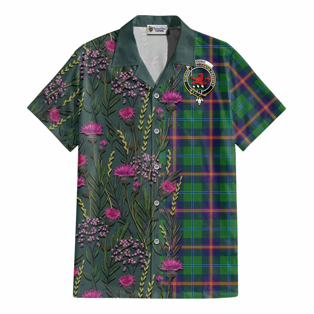 Young Family Crest Tartan Cotton Hawaiian Shirt Scottish Thistle Flower Pattern Half Style - Tartan Vibes Clothing