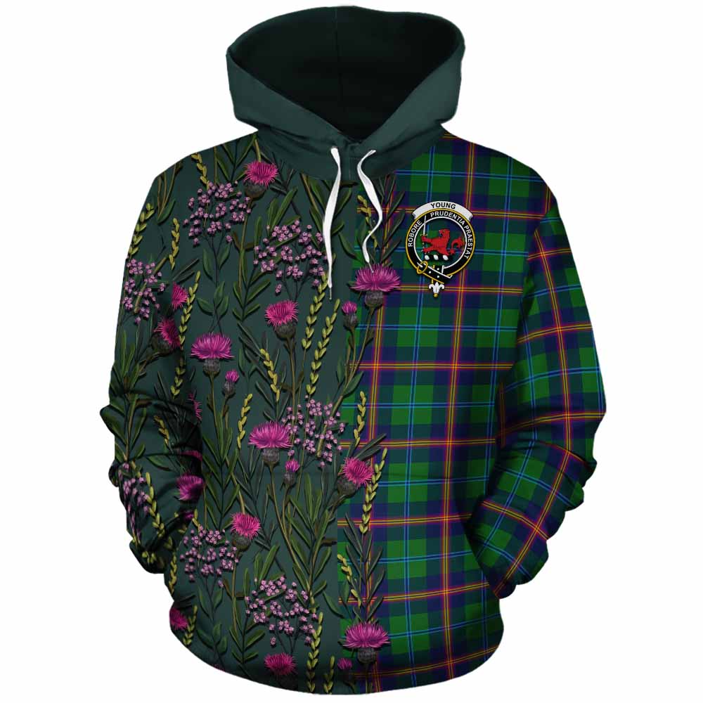 Young Family Crest Tartan Cotton Hoodie Scottish Thistle Flower Pattern Half Style - Tartan Vibes Clothing