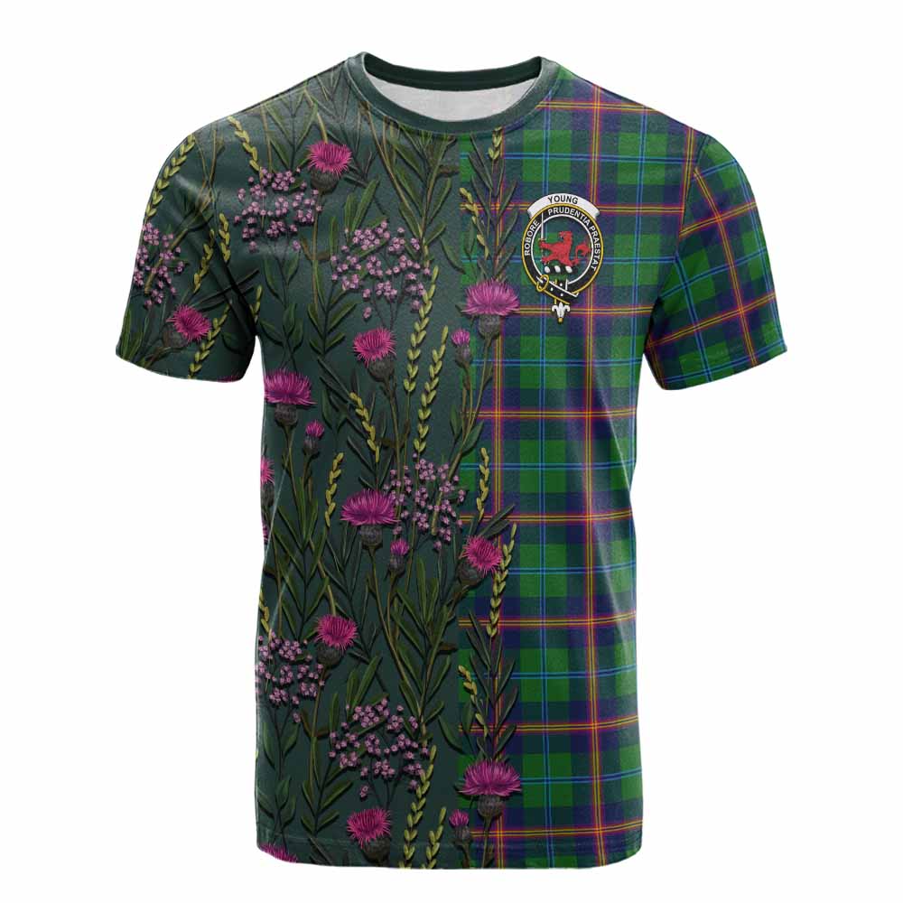 Young Family Crest Tartan Cotton T-shirt Scottish Thistle Flower Pattern Half Style - Tartan Vibes Clothing