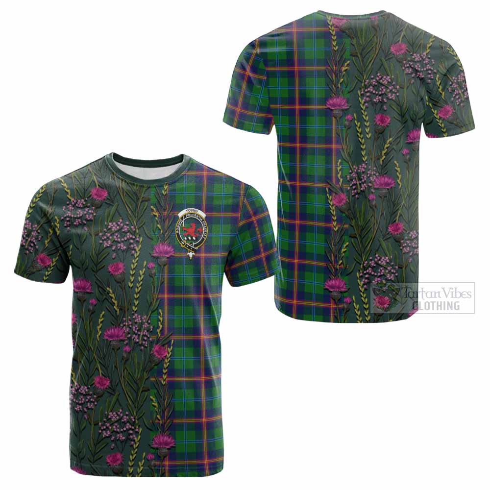Young Family Crest Tartan Cotton T-shirt Scottish Thistle Flower Pattern Half Style - Tartan Vibes Clothing