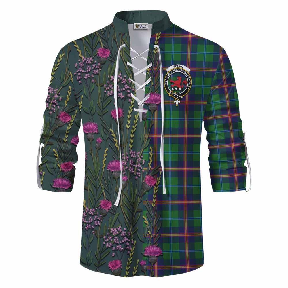 Young Family Crest Tartan Ghillie Shirt Scottish Thistle Flower Pattern Half Style - Tartan Vibes Clothing