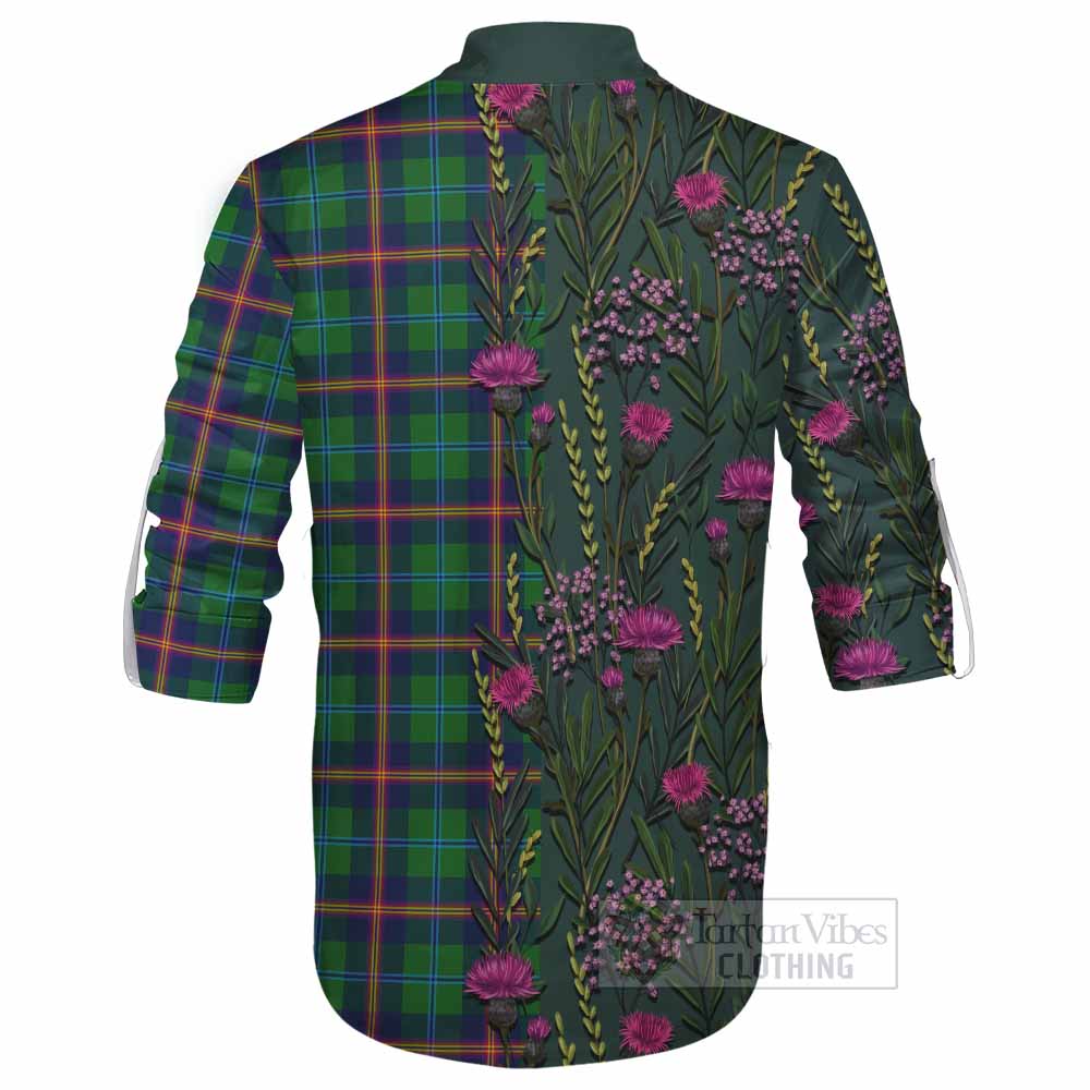 Young Family Crest Tartan Ghillie Shirt Scottish Thistle Flower Pattern Half Style - Tartan Vibes Clothing