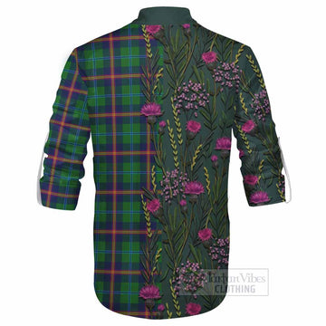 Young Family Crest Tartan Ghillie Shirt Scottish Thistle Flower Pattern Half Style