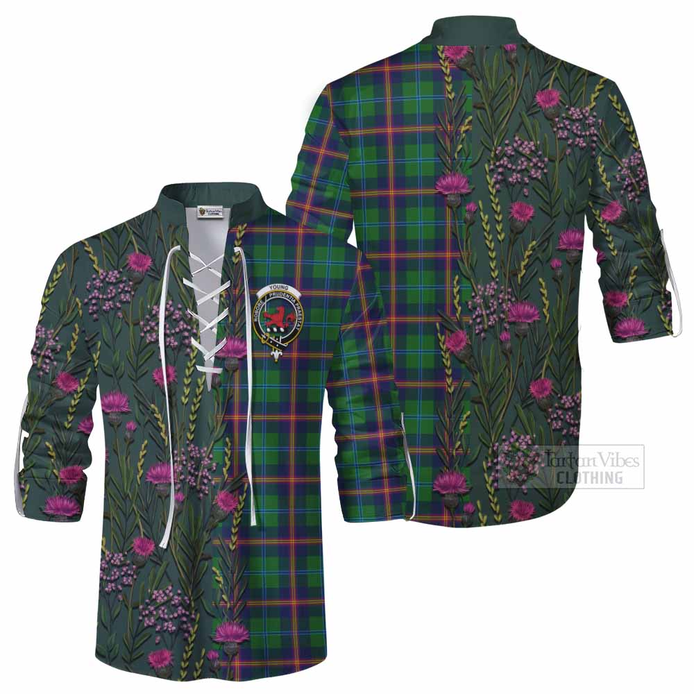 Young Family Crest Tartan Ghillie Shirt Scottish Thistle Flower Pattern Half Style - Tartan Vibes Clothing