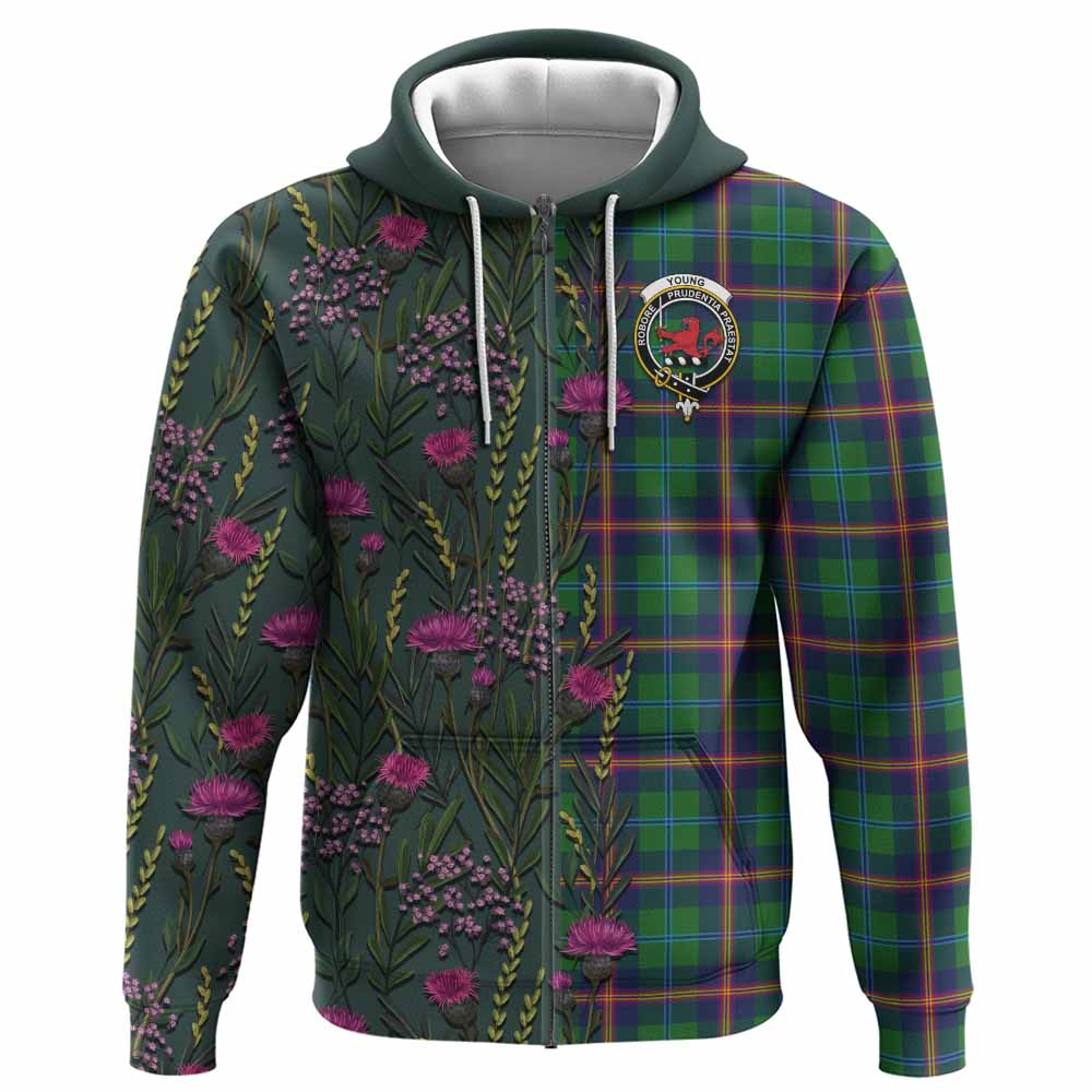 Young Family Crest Tartan Hoodie Scottish Thistle Flower Pattern Half Style - Tartan Vibes Clothing
