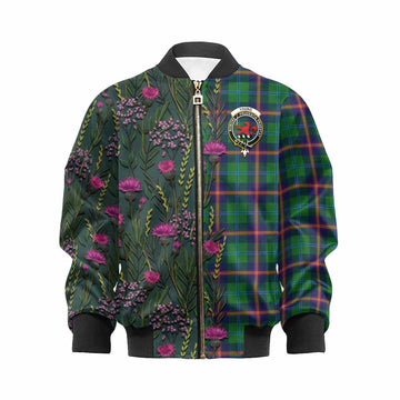 Young Family Crest Tartan Kid Bomber Jacket Scottish Thistle Flower Pattern Half Style - Tartan Vibes Clothing