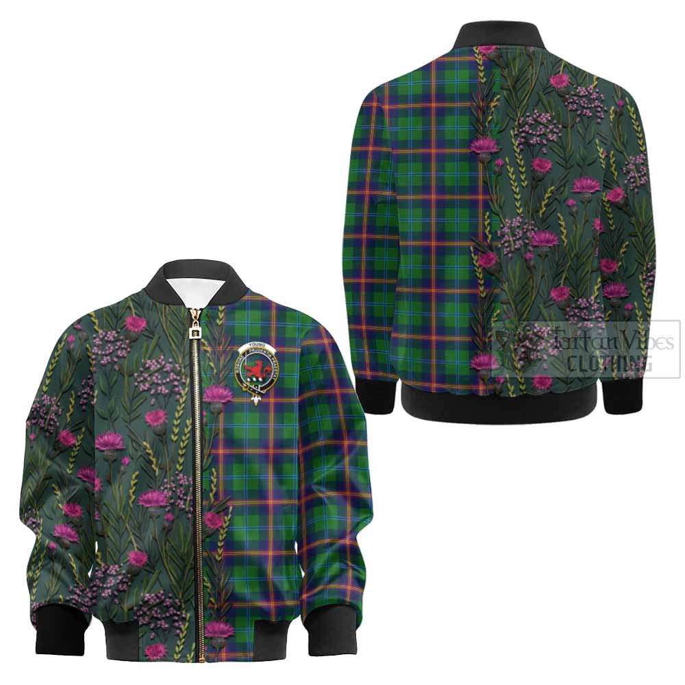 Young Family Crest Tartan Kid Bomber Jacket Scottish Thistle Flower Pattern Half Style - Tartan Vibes Clothing