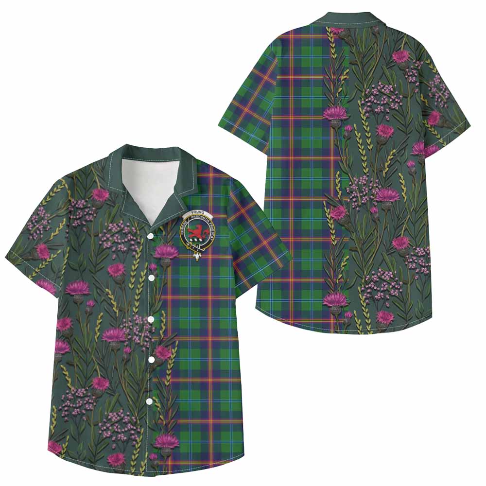 Young Family Crest Tartan Kid Hawaiian Shirt Scottish Thistle Flower Pattern Half Style - Tartan Vibes Clothing