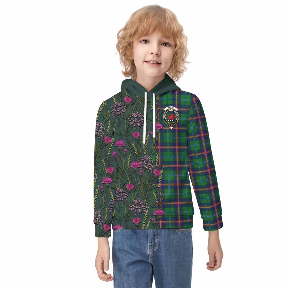 Young Family Crest Tartan Kid Hoodie Scottish Thistle Flower Pattern Half Style - Tartan Vibes Clothing