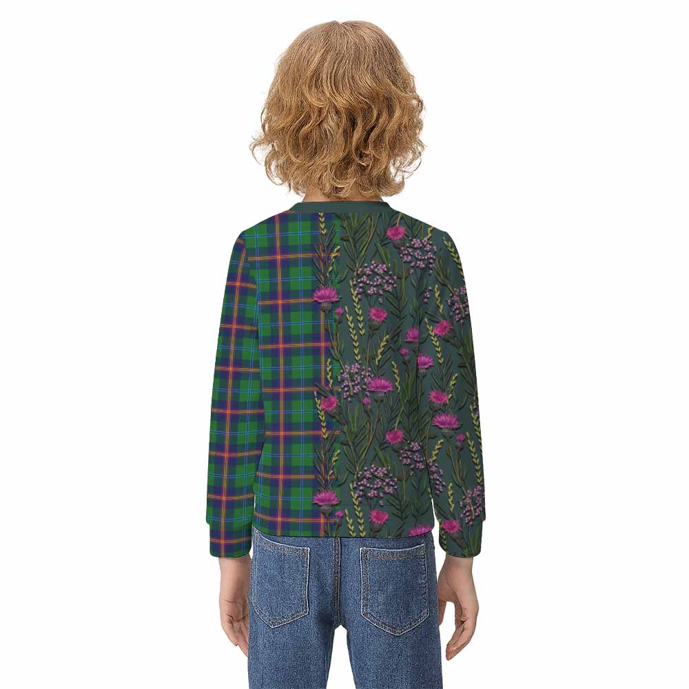 Young Family Crest Tartan Kid Knitted Sweatshirt Scottish Thistle Flower Pattern Half Style - Tartan Vibes Clothing