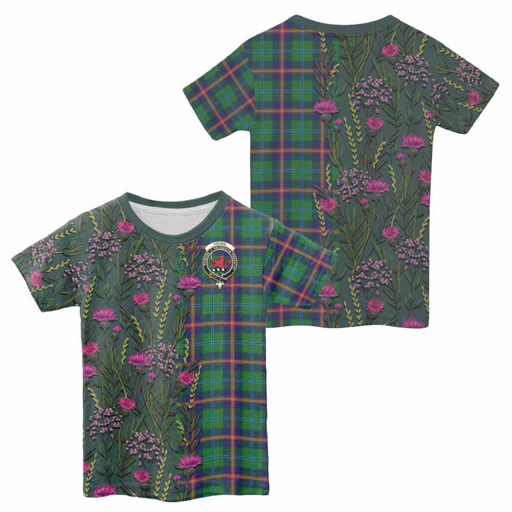 Young Family Crest Tartan Kid T-shirt Scottish Thistle Flower Pattern Half Style - Tartan Vibes Clothing