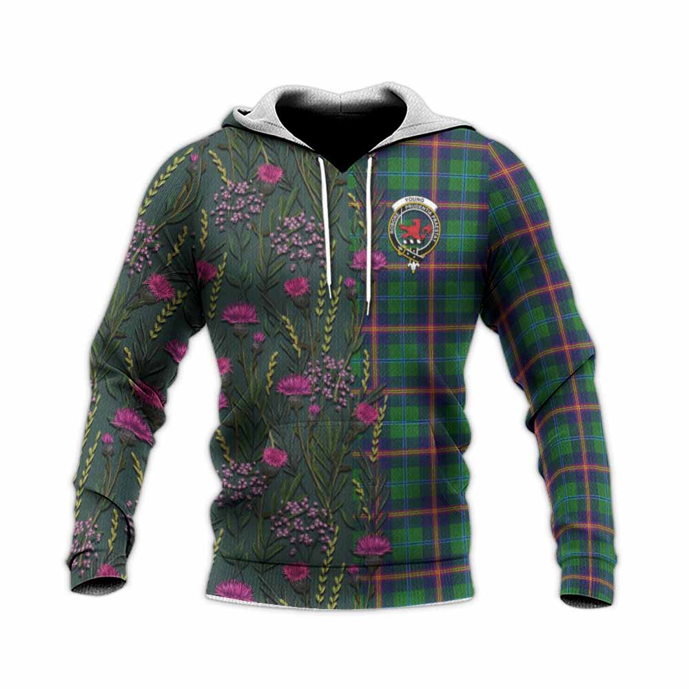 Young Family Crest Tartan Knitted Hoodie Scottish Thistle Flower Pattern Half Style - Tartan Vibes Clothing