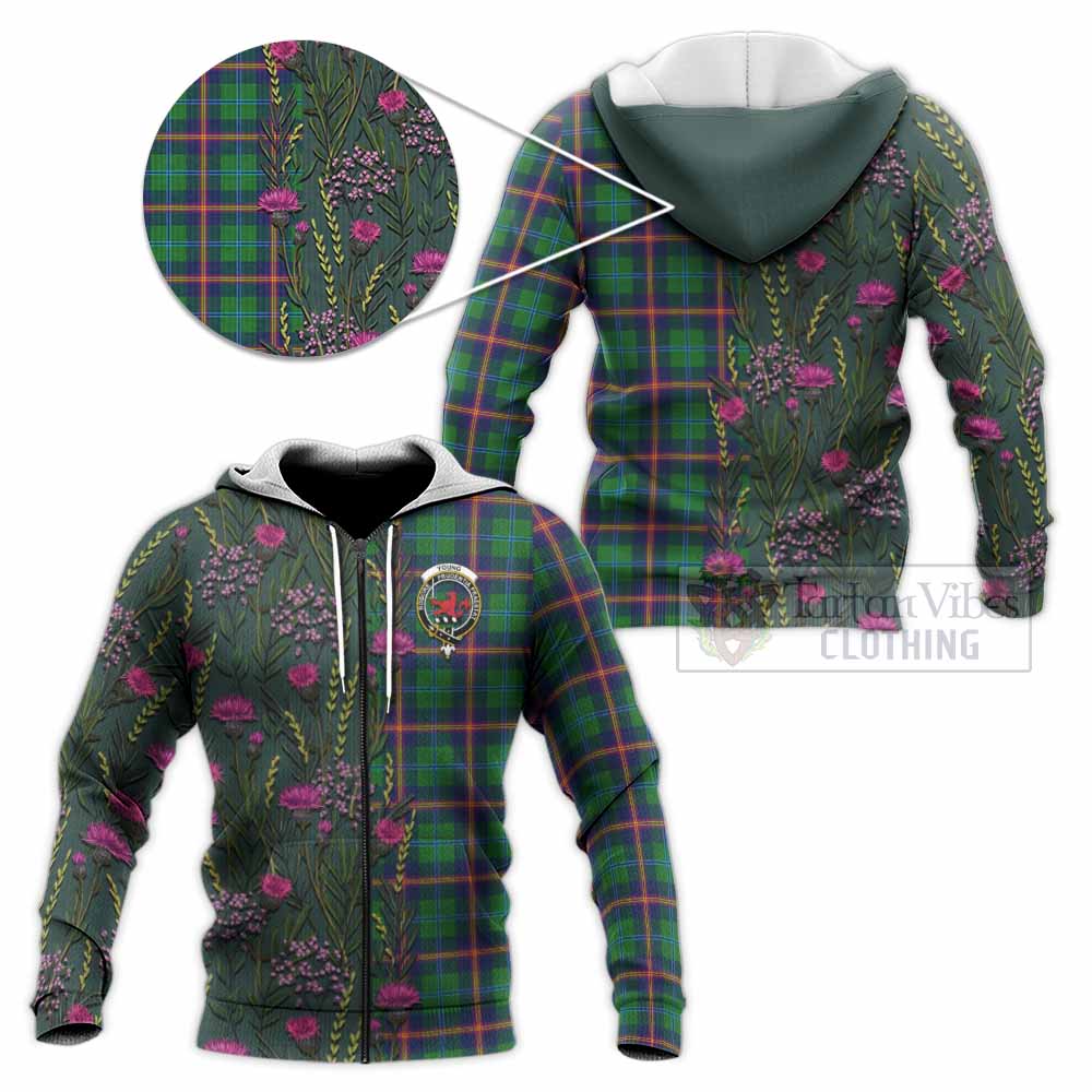Young Family Crest Tartan Knitted Hoodie Scottish Thistle Flower Pattern Half Style - Tartan Vibes Clothing