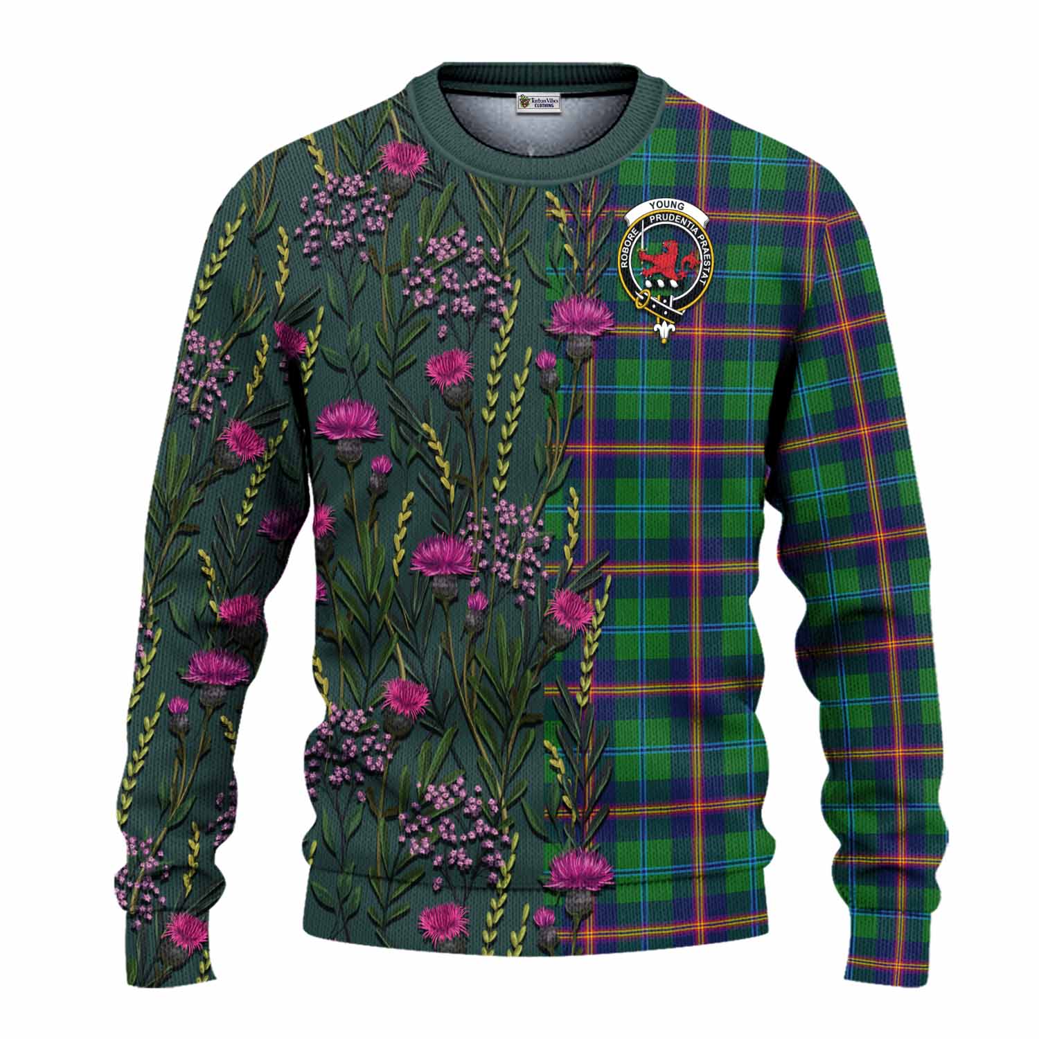 Young Family Crest Tartan Knitted Sweater Scottish Thistle Flower Pattern Half Style - Tartan Vibes Clothing