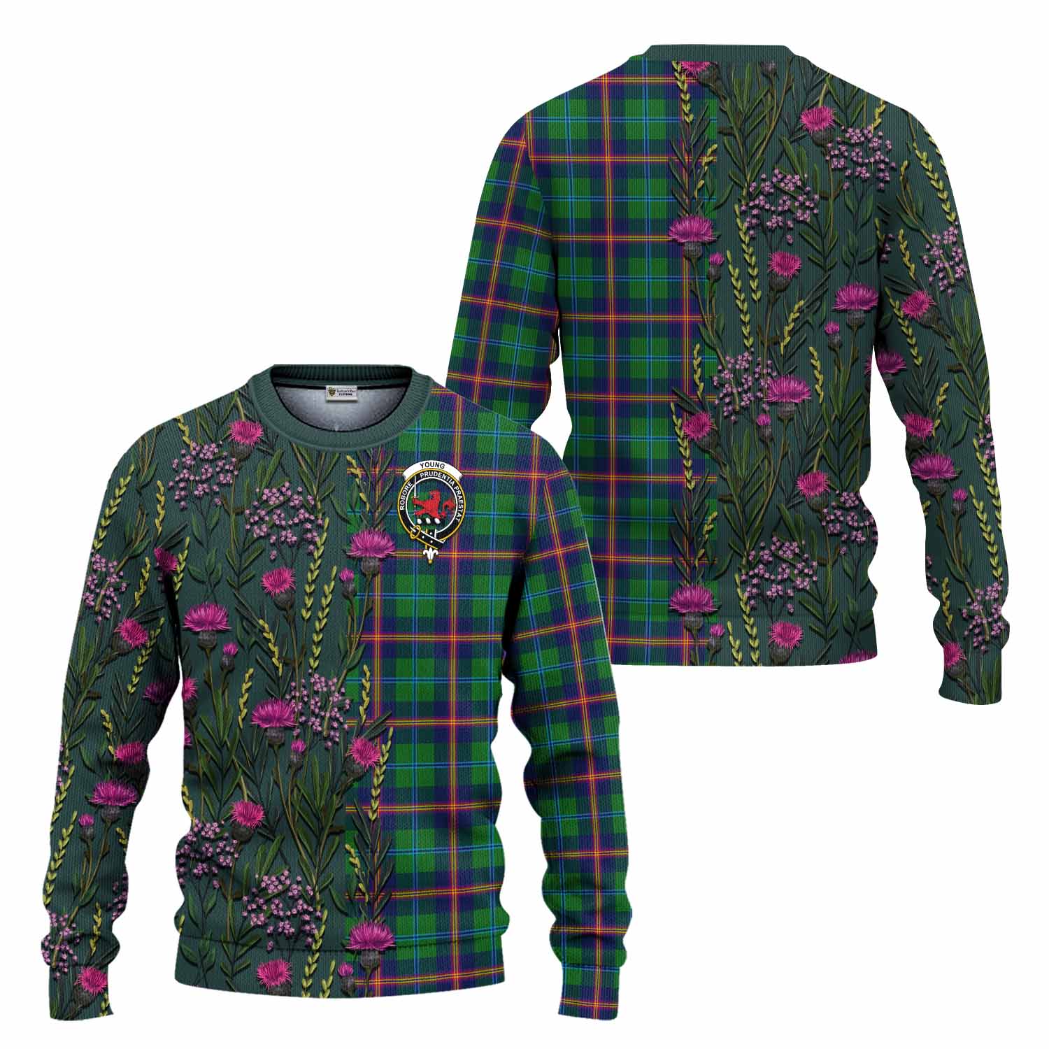 Young Family Crest Tartan Knitted Sweater Scottish Thistle Flower Pattern Half Style - Tartan Vibes Clothing