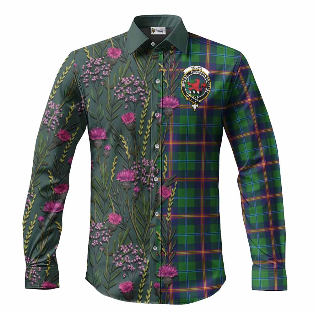 Young Family Crest Tartan Long Sleeve Button Shirts Scottish Thistle Flower Pattern Half Style - Tartan Vibes Clothing