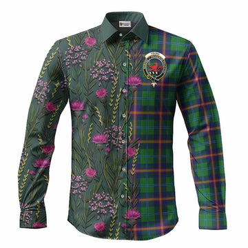 Young Family Crest Tartan Long Sleeve Button Shirts Scottish Thistle Flower Pattern Half Style
