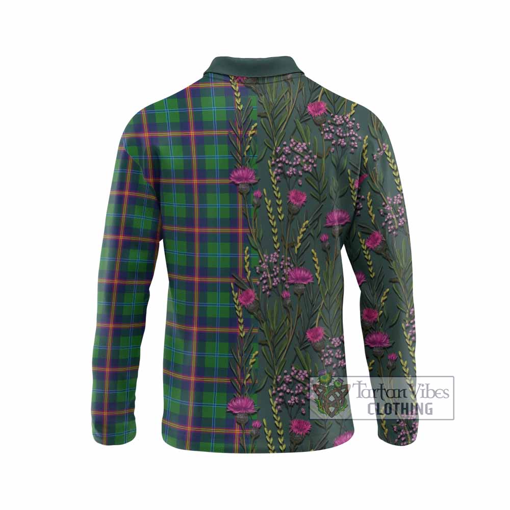 Young Family Crest Tartan Long Sleeve Polo Shirt Scottish Thistle Flower Pattern Half Style - Tartan Vibes Clothing