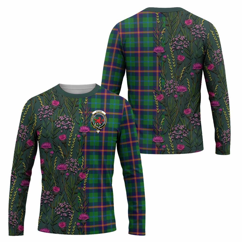 Young Family Crest Tartan Long Sleeve T-Shirt Scottish Thistle Flower Pattern Half Style - Tartan Vibes Clothing