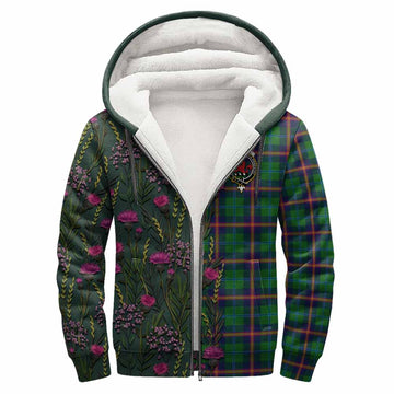 Young Family Crest Tartan Sherpa Hoodie Scottish Thistle Flower Pattern Half Style