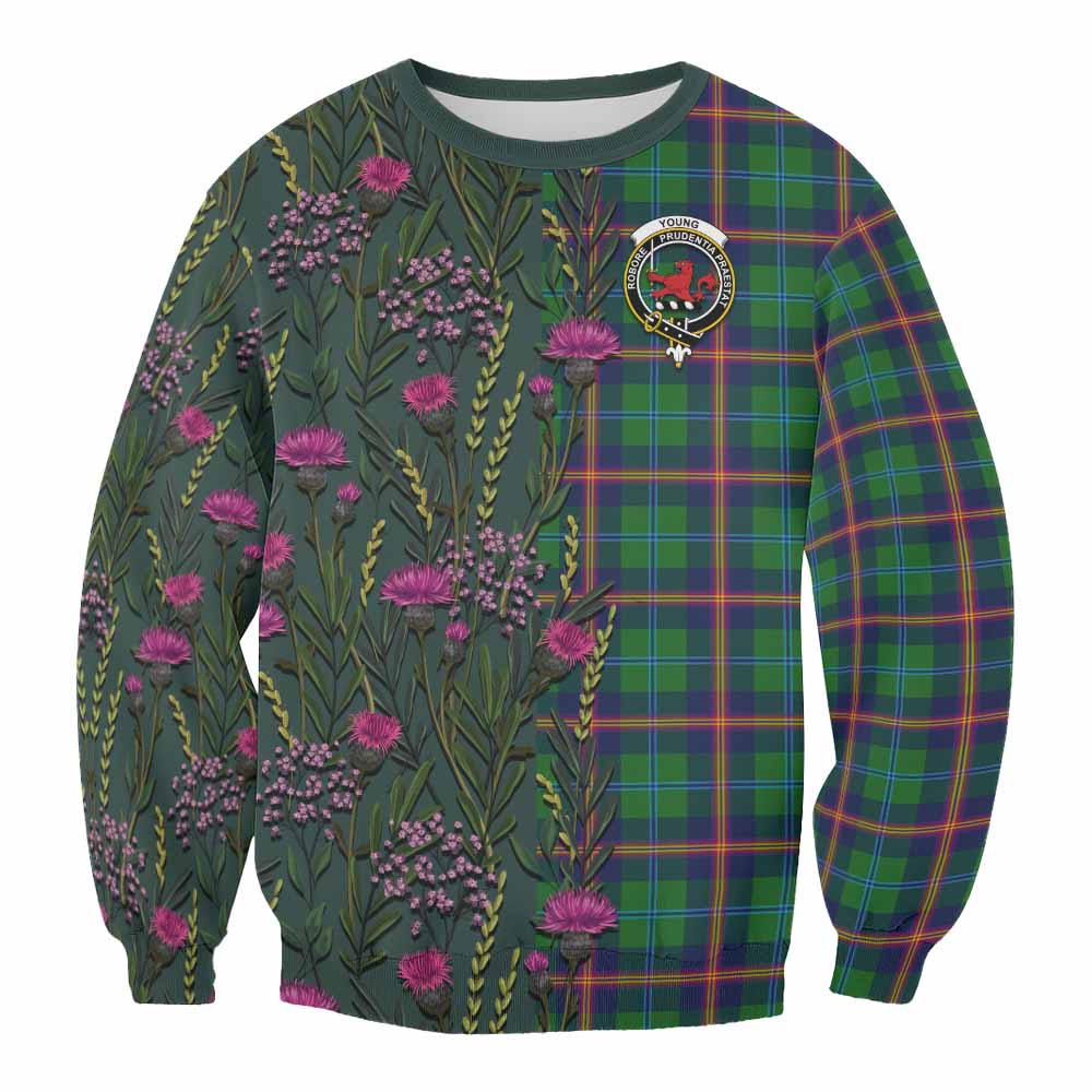 Young Family Crest Tartan Sweatshirt Scottish Thistle Flower Pattern Half Style - Tartan Vibes Clothing
