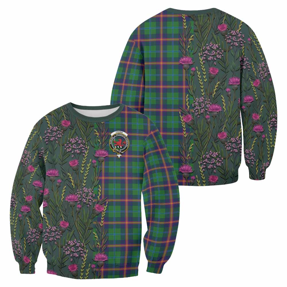 Young Family Crest Tartan Sweatshirt Scottish Thistle Flower Pattern Half Style - Tartan Vibes Clothing