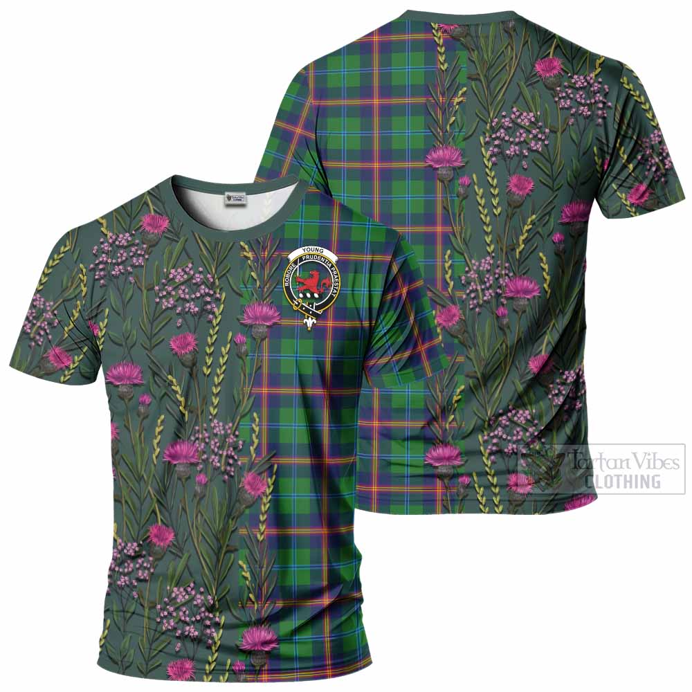 Young Family Crest Tartan T-Shirt Scottish Thistle Flower Pattern Half Style - Tartan Vibes Clothing