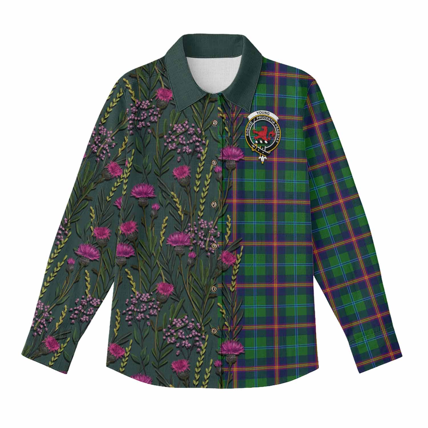 Young Family Crest Tartan Women Casual Shirt Scottish Thistle Flower Pattern Half Style - Tartan Vibes Clothing