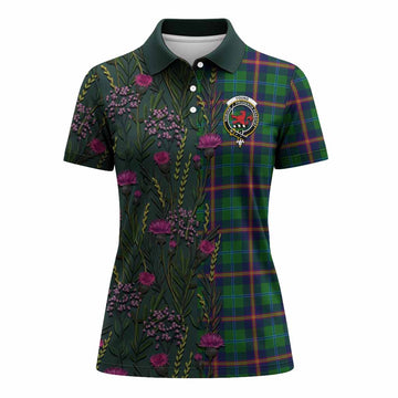 Young Family Crest Tartan Women Polo Shirt Scottish Thistle Flower Pattern Half Style