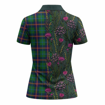 Young Family Crest Tartan Women Polo Shirt Scottish Thistle Flower Pattern Half Style