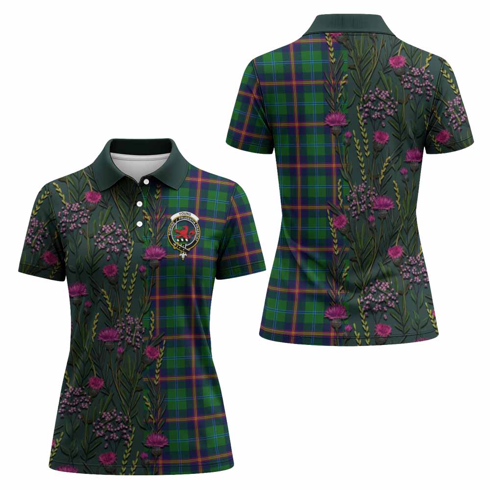 Young Family Crest Tartan Women Polo Shirt Scottish Thistle Flower Pattern Half Style - Tartan Vibes Clothing