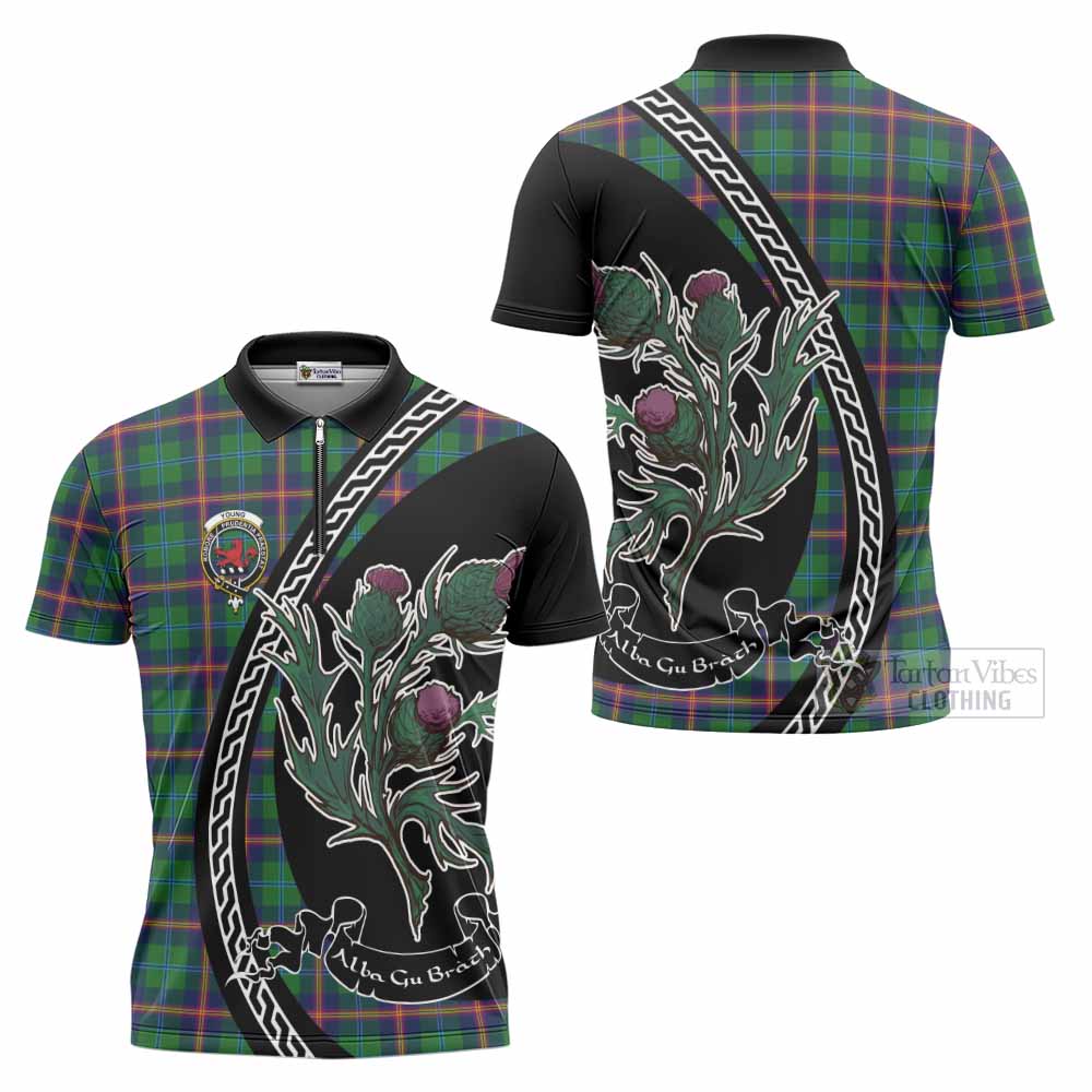 Young Family Crest Tartan Zipper Polo Shirt Alba Thistle Inspired - Tartan Vibes Clothing