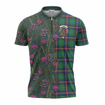 Young Family Crest Tartan Zipper Polo Shirt Scottish Thistle Flower Pattern Half Style