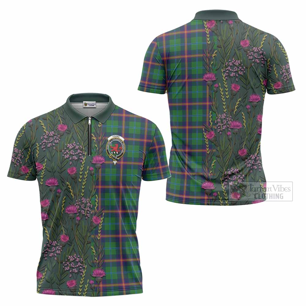 Young Family Crest Tartan Zipper Polo Shirt Scottish Thistle Flower Pattern Half Style - Tartan Vibes Clothing