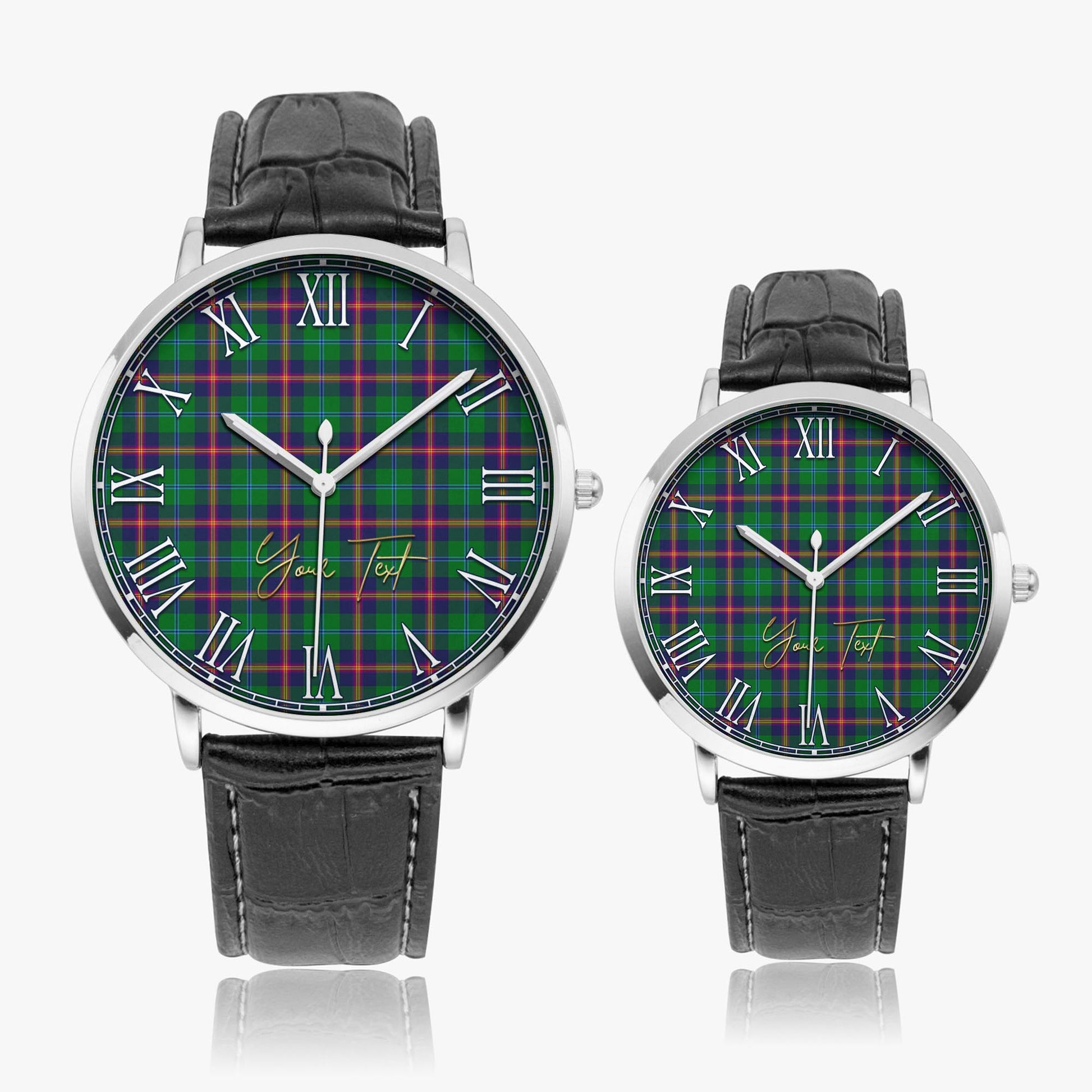 Young Modern Tartan Personalized Your Text Leather Trap Quartz Watch Ultra Thin Silver Case With Black Leather Strap - Tartanvibesclothing Shop