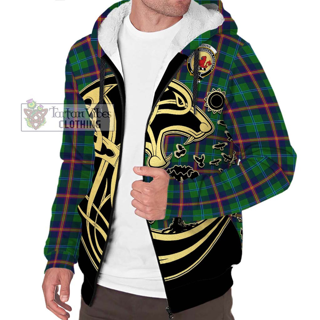 Young Tartan Sherpa Hoodie with Family Crest Celtic Wolf Style Unisex S - Tartan Vibes Clothing