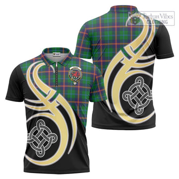 Young Tartan Zipper Polo Shirt with Family Crest and Celtic Symbol Style
