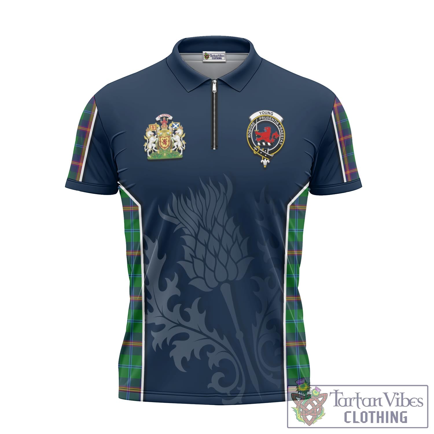 Tartan Vibes Clothing Young Modern Tartan Zipper Polo Shirt with Family Crest and Scottish Thistle Vibes Sport Style