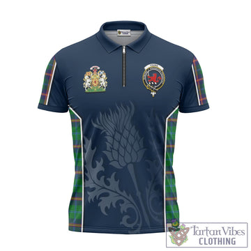 Young Tartan Zipper Polo Shirt with Family Crest and Scottish Thistle Vibes Sport Style