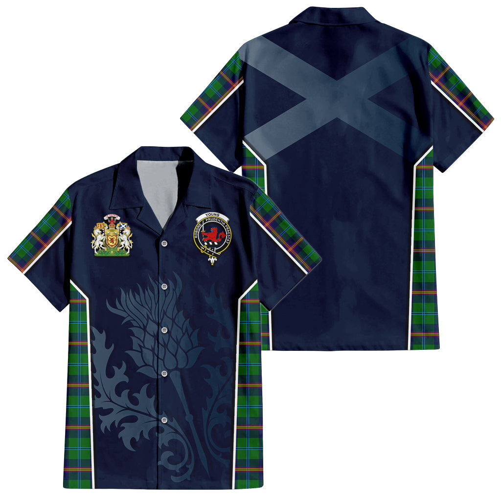 Tartan Vibes Clothing Young Modern Tartan Short Sleeve Button Up Shirt with Family Crest and Scottish Thistle Vibes Sport Style
