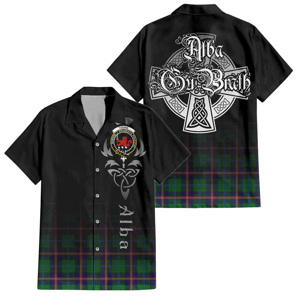 Tartan Vibes Clothing Young Modern Tartan Short Sleeve Button Up Featuring Alba Gu Brath Family Crest Celtic Inspired