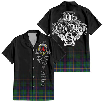 Tartan Vibes Clothing Young Modern Tartan Short Sleeve Button Up Featuring Alba Gu Brath Family Crest Celtic Inspired