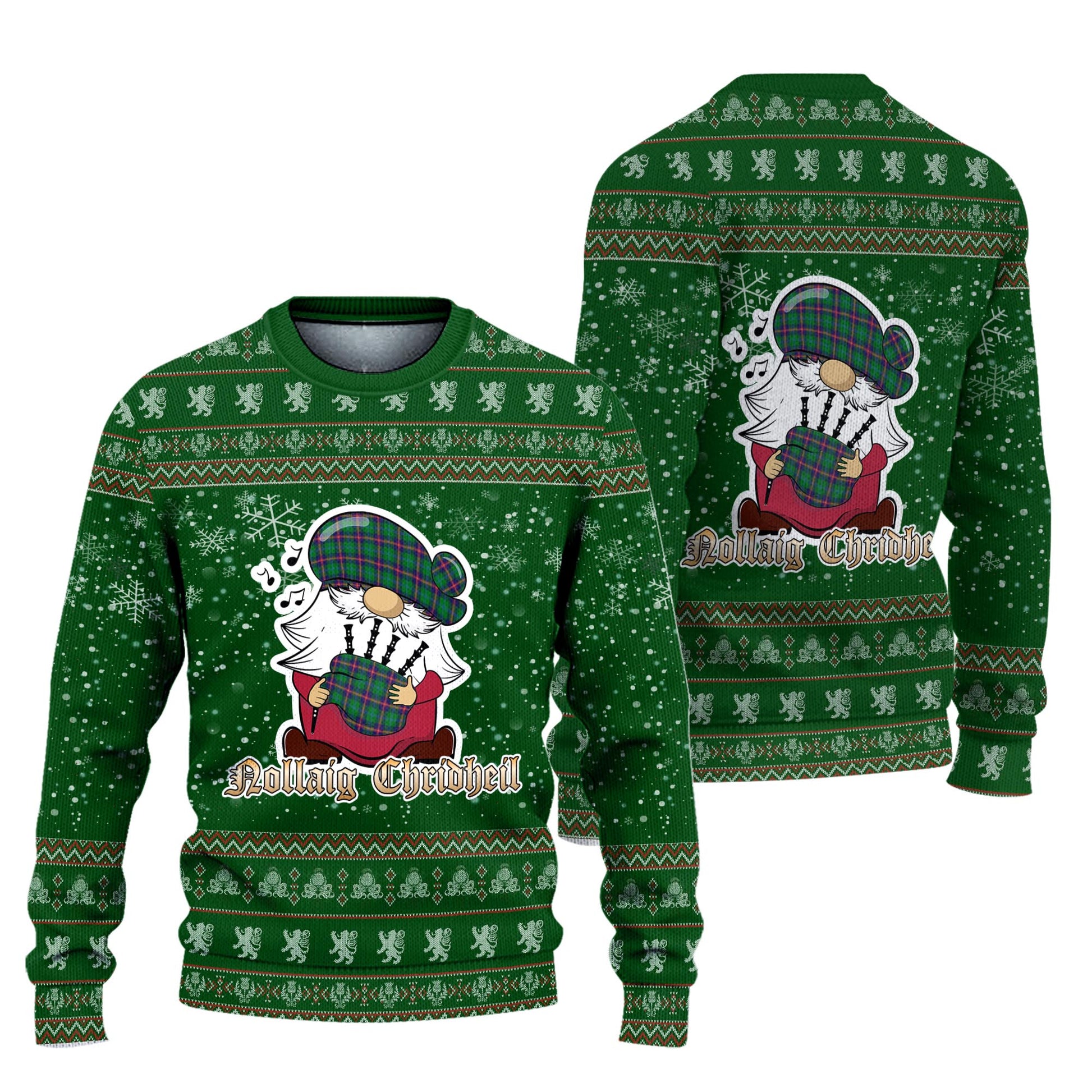 Young Modern Clan Christmas Family Knitted Sweater with Funny Gnome Playing Bagpipes Unisex Green - Tartanvibesclothing
