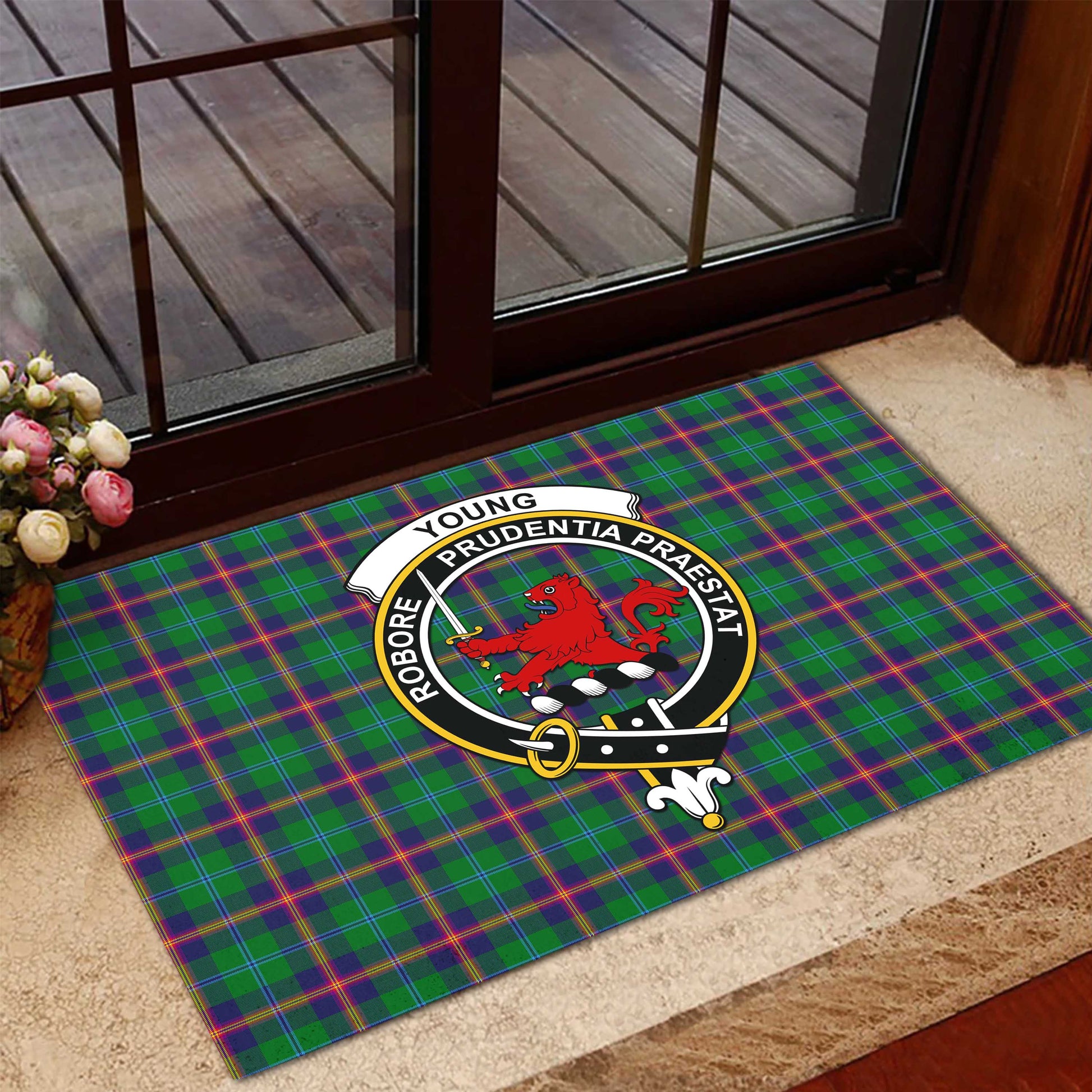 Young Modern Tartan Door Mat with Family Crest - Tartanvibesclothing Shop