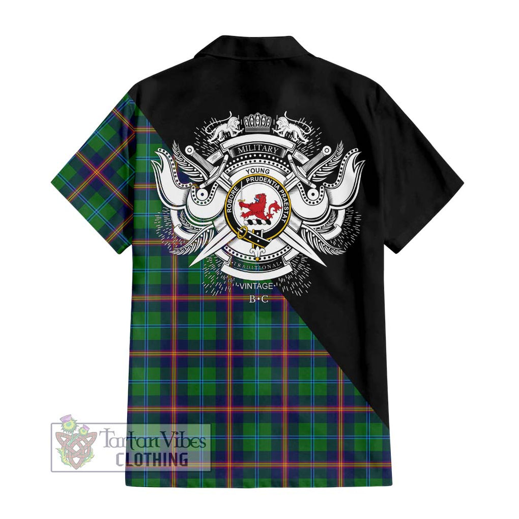 Young Tartan Short Sleeve Button Shirt with Family Crest and Military Logo Style - Tartanvibesclothing Shop