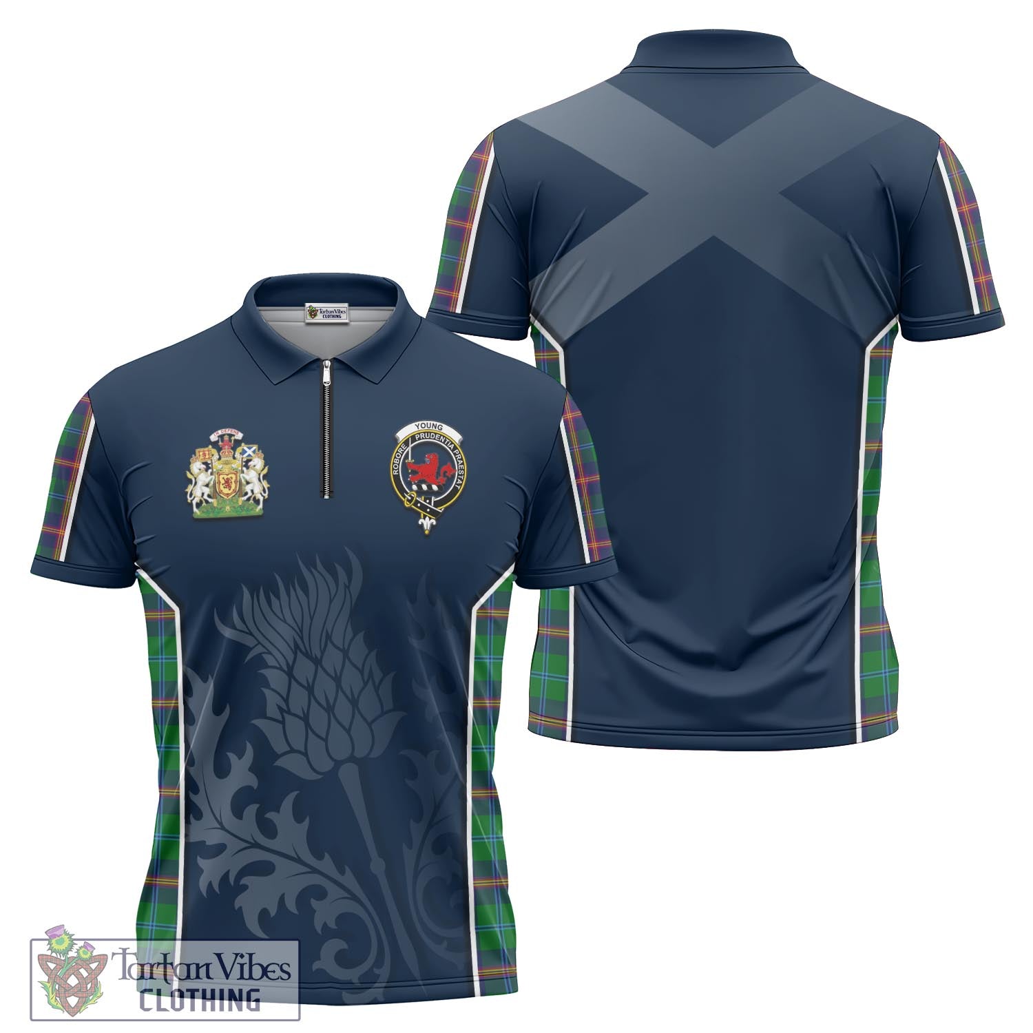 Tartan Vibes Clothing Young Modern Tartan Zipper Polo Shirt with Family Crest and Scottish Thistle Vibes Sport Style