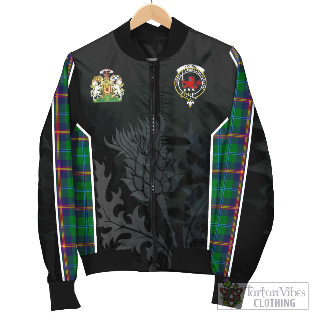 Tartan Vibes Clothing Young Modern Tartan Bomber Jacket with Family Crest and Scottish Thistle Vibes Sport Style