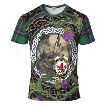 Young Tartan Crest Bagpipe Nessie T-Shirt Scottish Loch Ness Monster Celtic Thistle