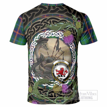 Young Tartan Crest Bagpipe Nessie T-Shirt Scottish Loch Ness Monster Celtic Thistle